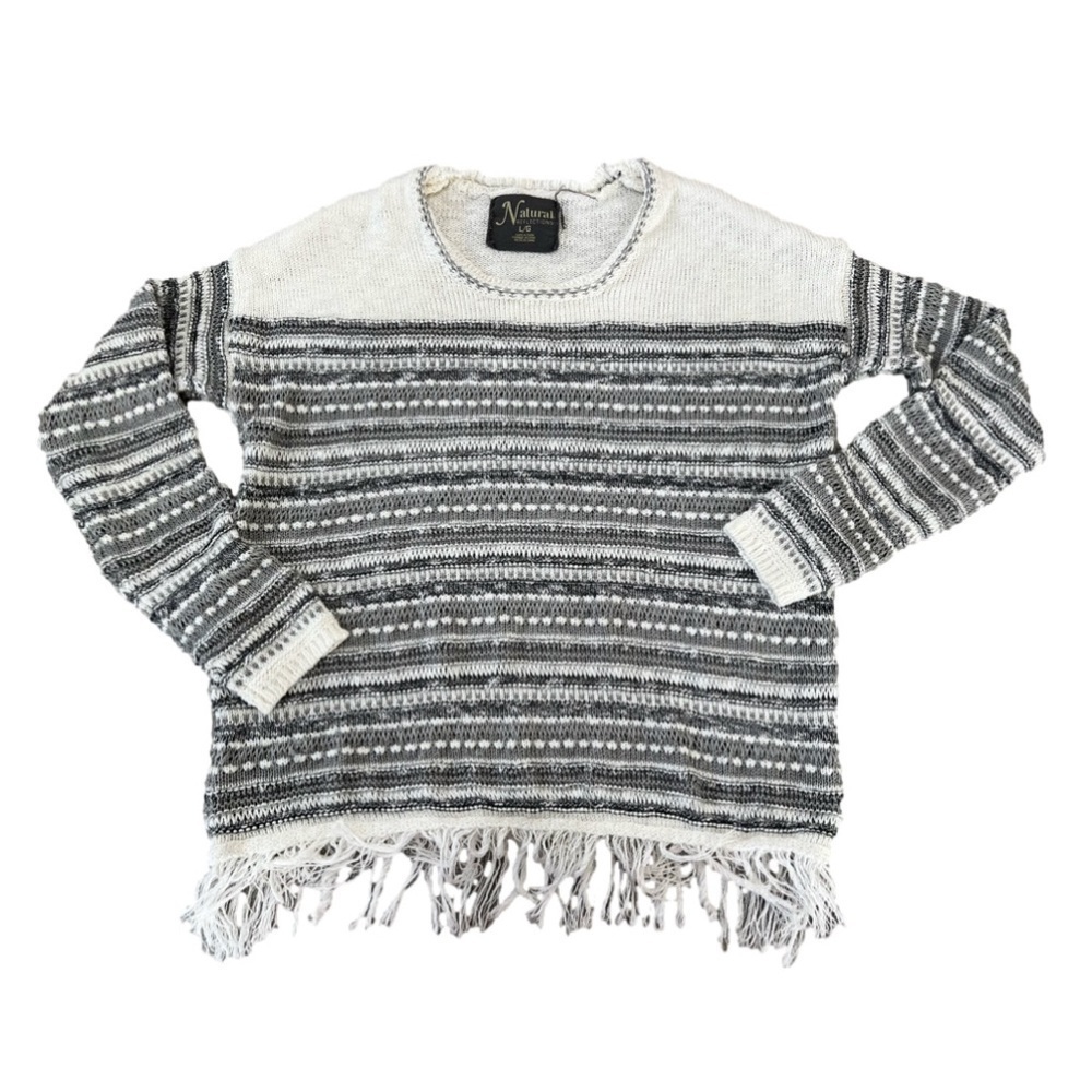 Natural Reflections Grey and White Striped Sweater with Fringe Bottom Size Large